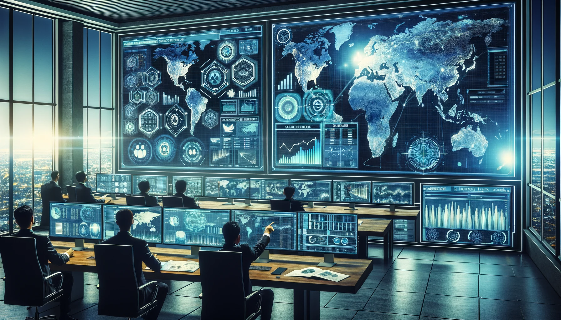 An image depicting a modern supply chain control room or operations center, with multiple screens displaying various real-time data analytics, graphs,