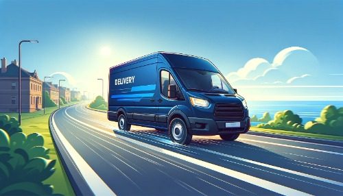 A generic delivery van speeds along a road, symbolizing the 'Amazon Effect' and the increasing consumer expectations for rapid delivery services. The van's swift motion against the backdrop of a blurred landscape reflects the urgency and efficiency demanded in today's e-commerce landscape