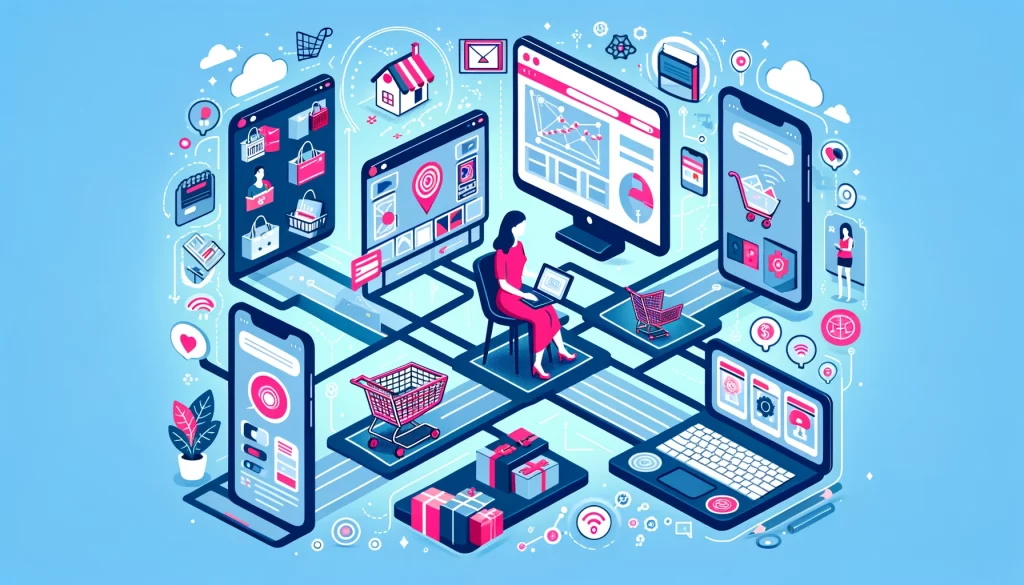 omnichannel shopping experience illustration by removing the pink border lines while maintaining the seamless integration of vario