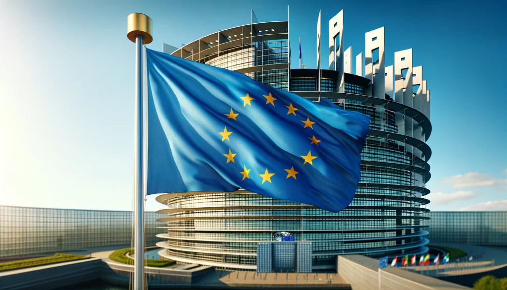 EU flag outside the EU parliament building in brussels