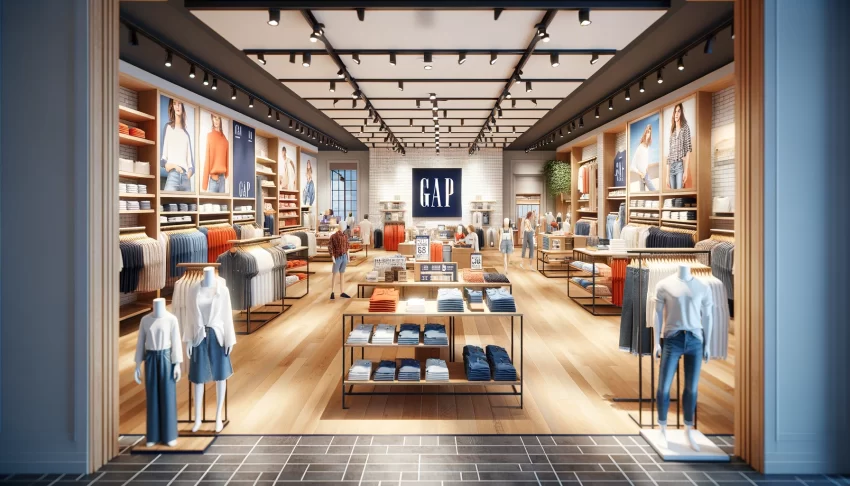 Modern Gap Inc. store interior with mannequins in latest apparel, organized clothing racks, and prominent brand logo, depicting a bustling shopping atmosphere.