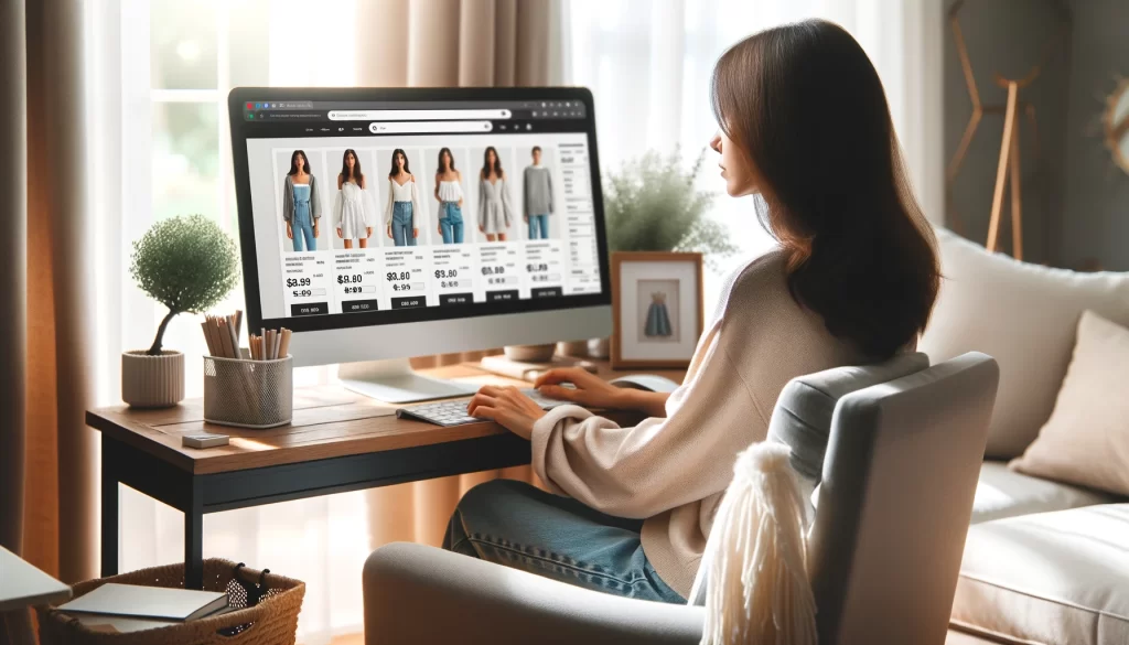 women shopping online on store shein in her home at desktop