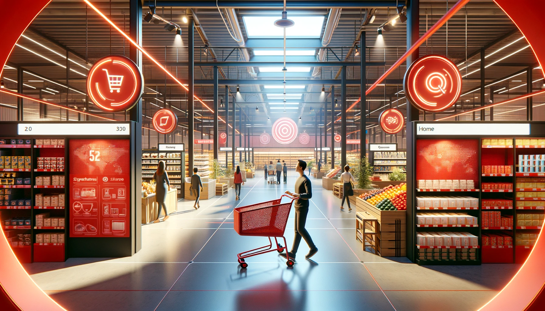 a spacious, brightly lit shopping environment that subtly evokes the essence of popular retail brands through color and design. Target store.