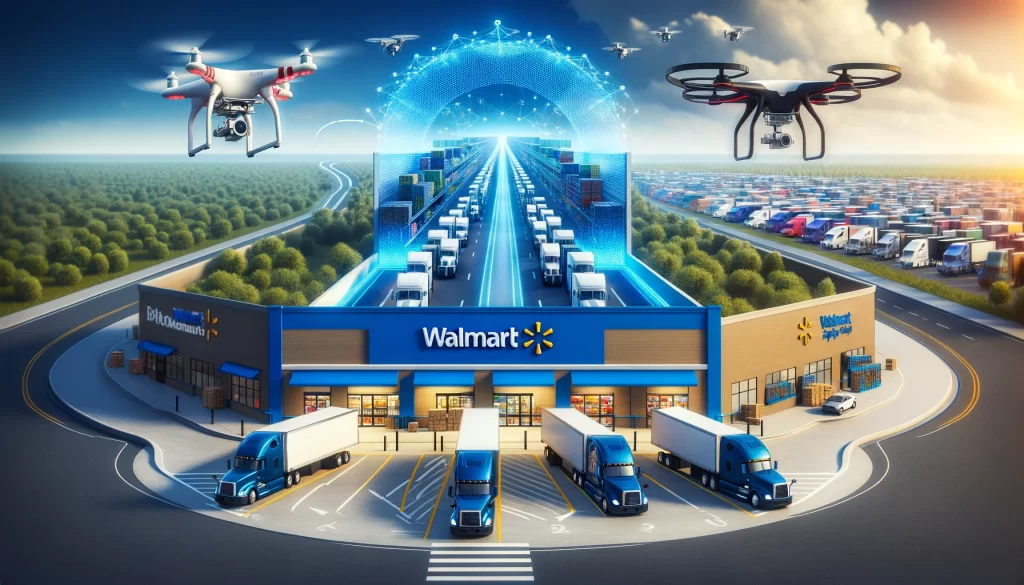 Visualize Walmart's transition in supply chain management, showing a traditional Walmart store