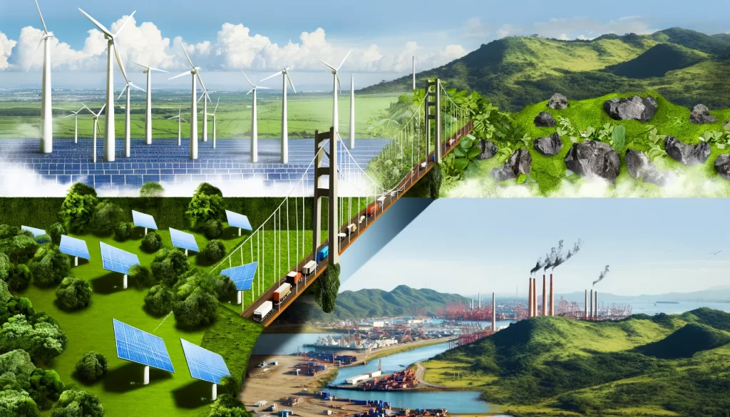 a landscape that symbolizes sustainability in supply chains, integrating elements that represent the bridging of an execution gap.