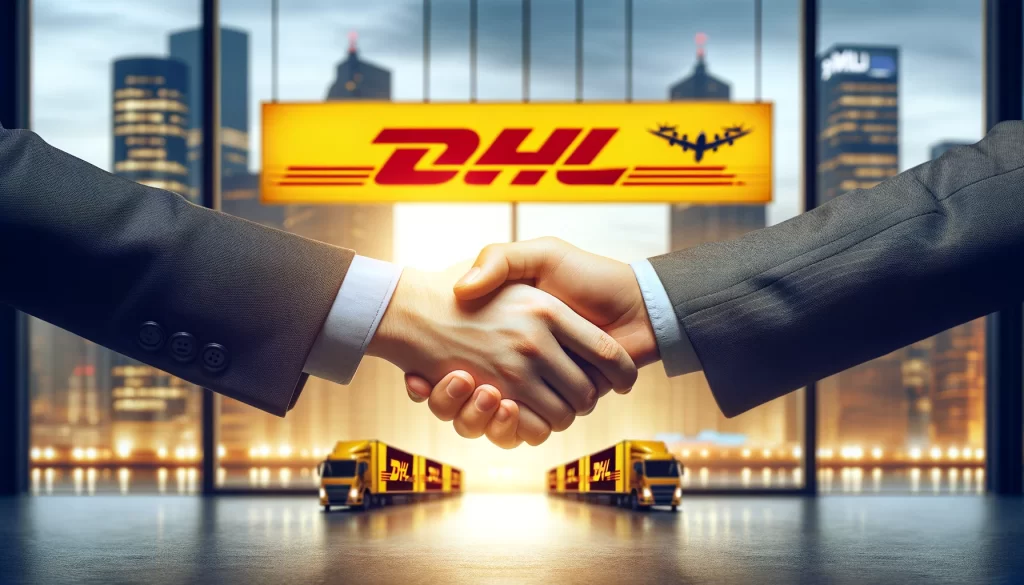 Hand shaking with DHL logo in background