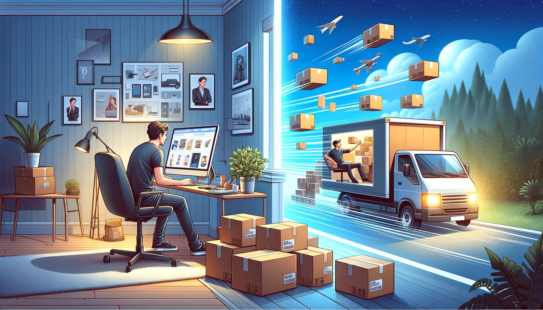 The image illustrates a dynamic scene representing the e-commerce process. On the left, a person is seated at a computer in a well-lit home office, intently shopping online, surrounded by virtual images of diverse products on the screen, suggesting a wide selection of items available for purchase. On the right, another individual is outside in daylight, actively loading cardboard boxes into the back of a delivery van, with some boxes bearing visible e-commerce logos, indicating they are online orders ready for shipment