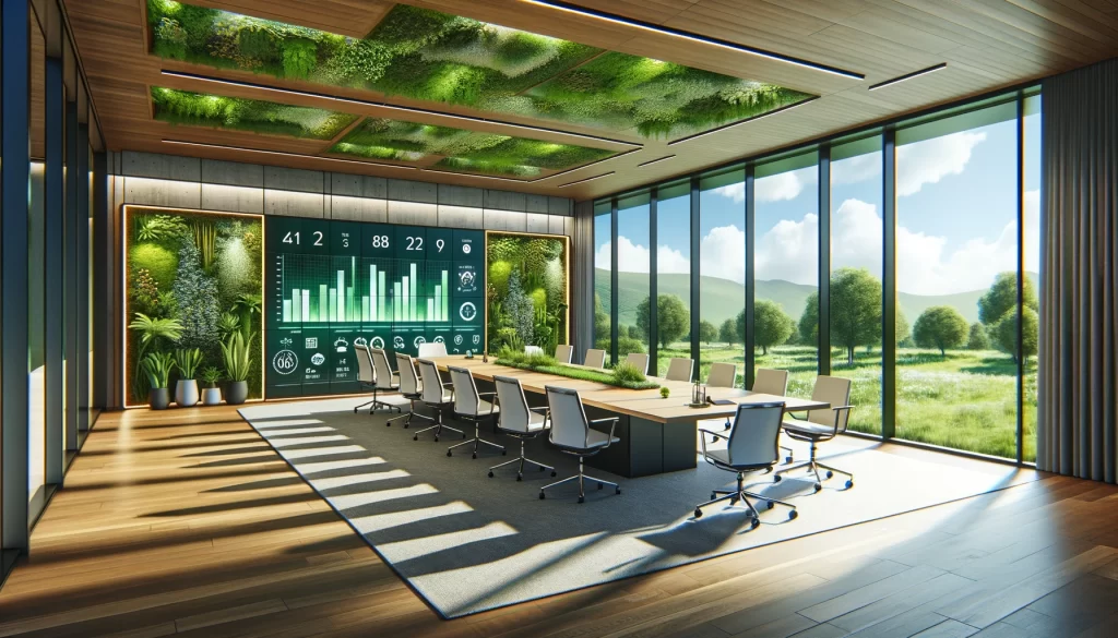 A office boardroom with slides related to sustainability on the screen