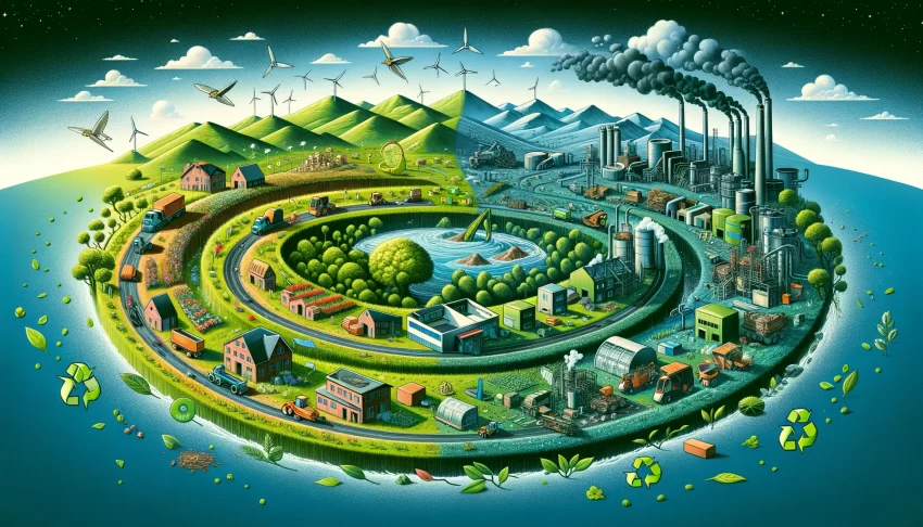 Image illustrating the concept of product life cycles and sustainability. They feature a blend of renewable energy, sustainable manufacturing, and the repurposing of products within a natural setting.