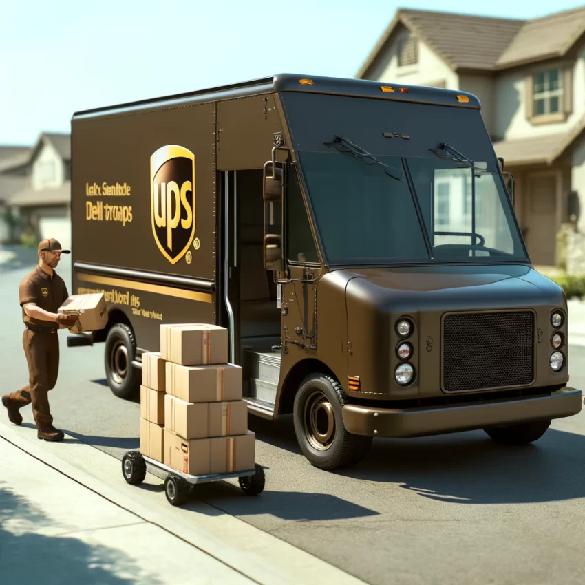A UPS delivery truck in a suburban area.