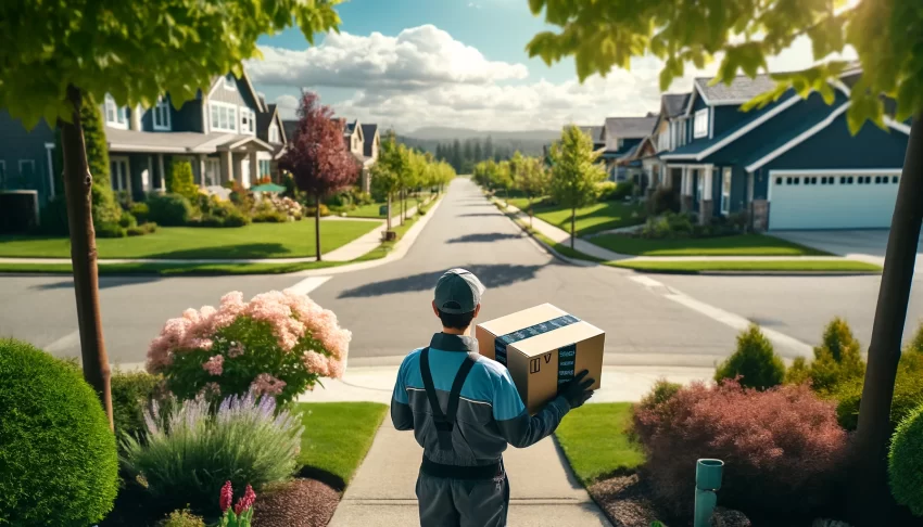 A delivery person holding the Amazon package in a landscape-oriented suburban setting.