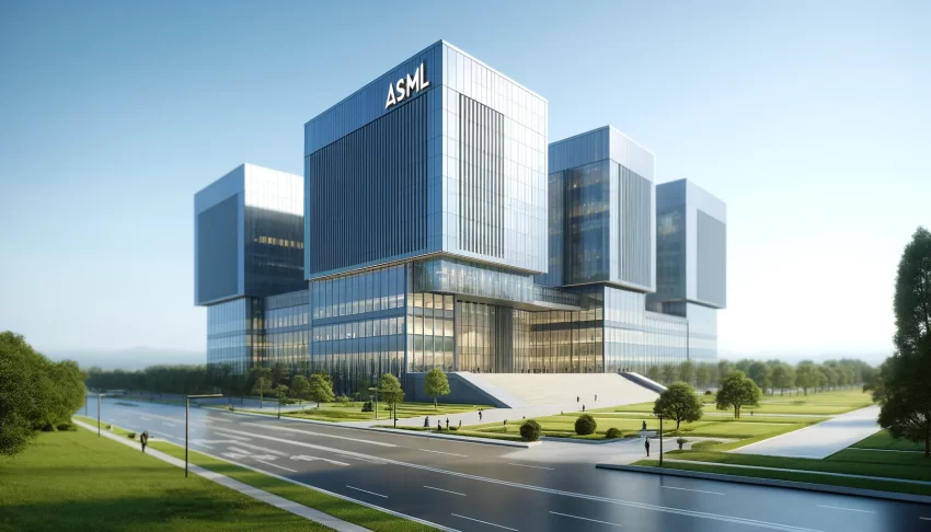 A modern building featuring a stylized logo resembling that of ASML