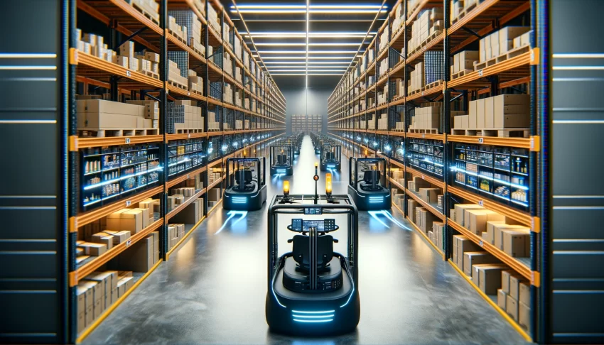 Autonomous forklifts operating in a distribution center.