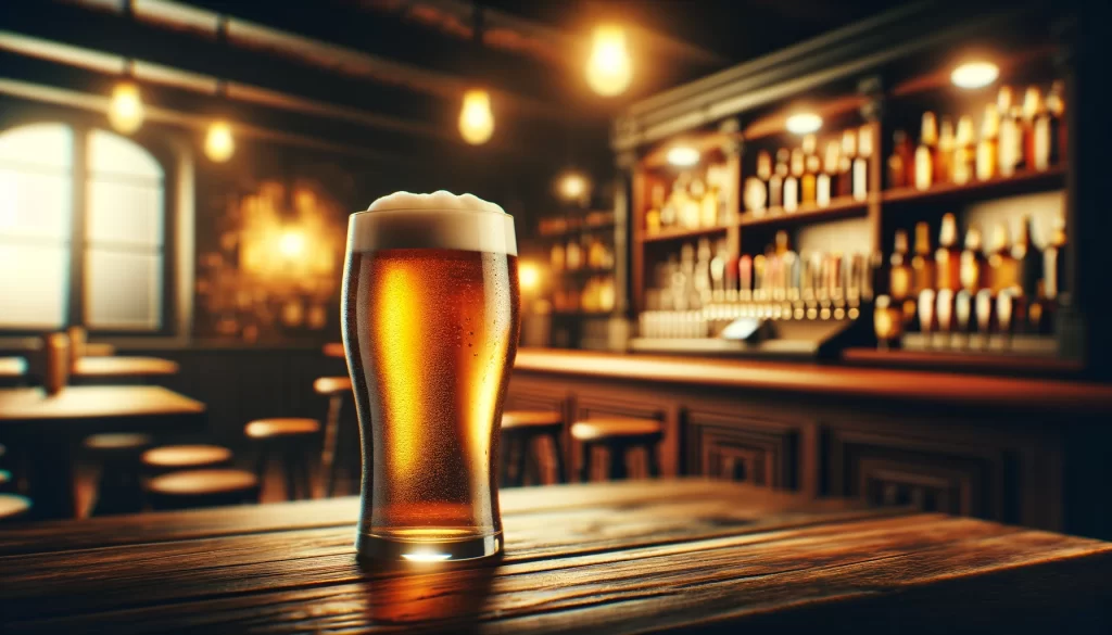 A pint of beer on a wooden bar counter, set within a cozy pub atmosphere.