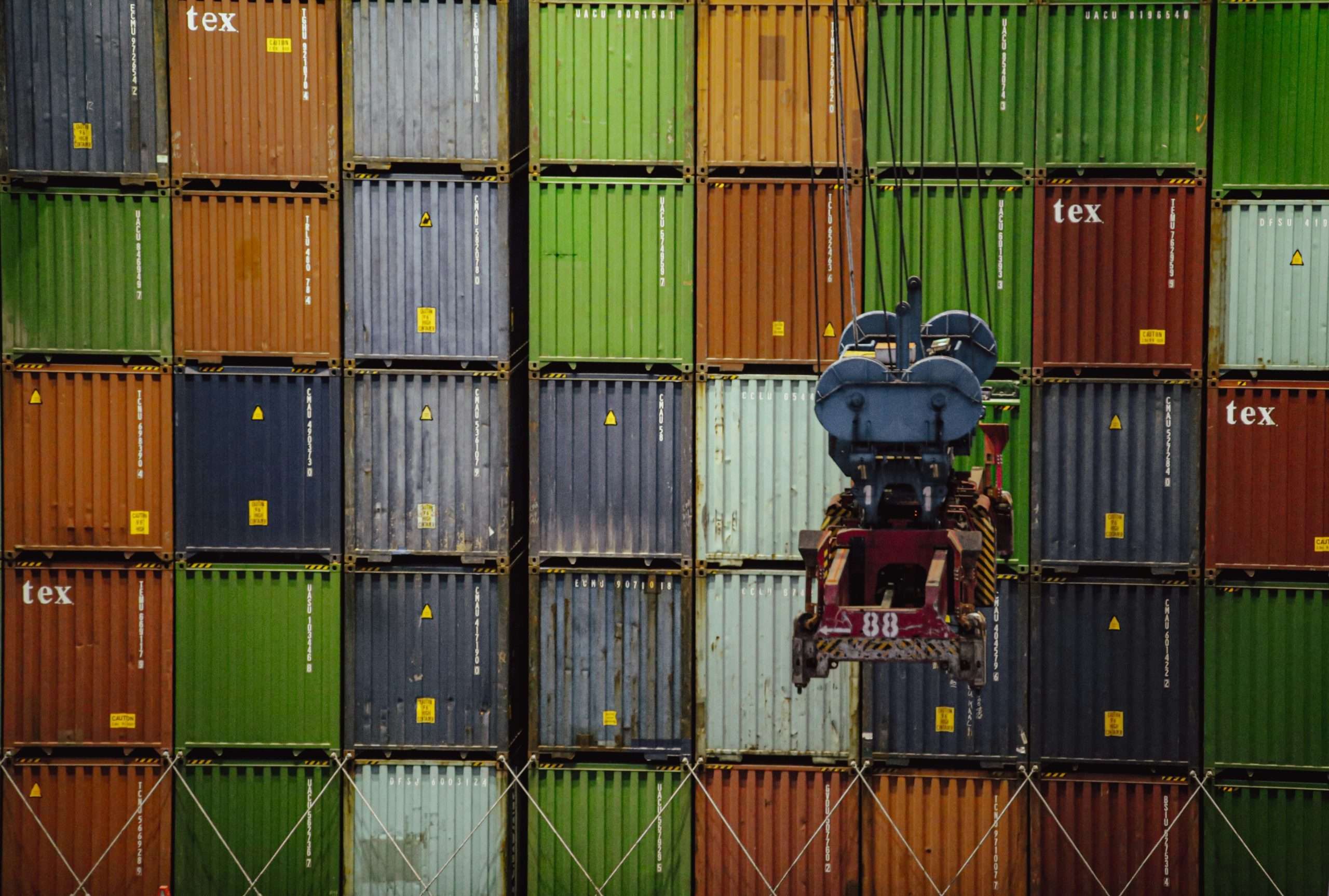 A large stack on shipping containers.