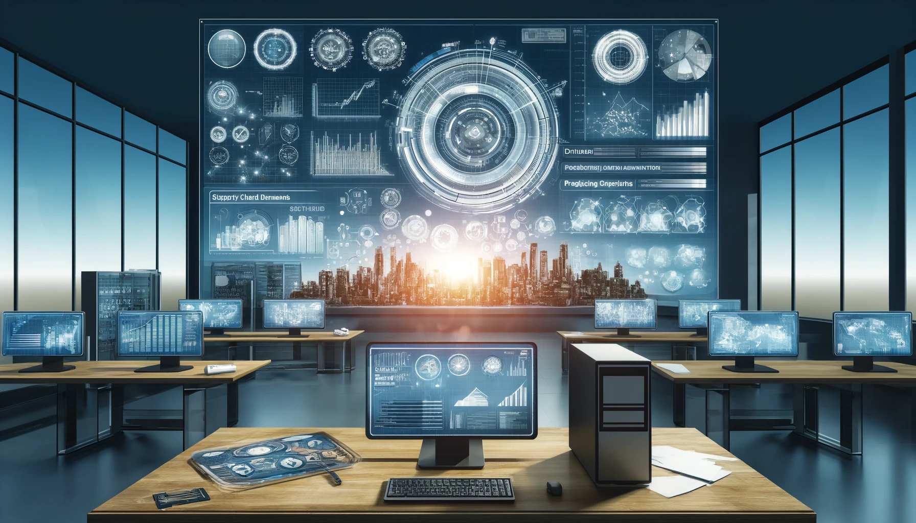 A futuristic dashboard with analytics and graphs. These should visually represent the sophisticated technology used in predicting supply chain demands.