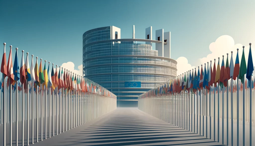 A close-up view of the European Parliament, focusing on the array of European Union member states' flags fluttering in front of the building. The scene is set on a bright, clear day, with the sunlight casting soft shadows on the ground, enhancing the colors of the flags.