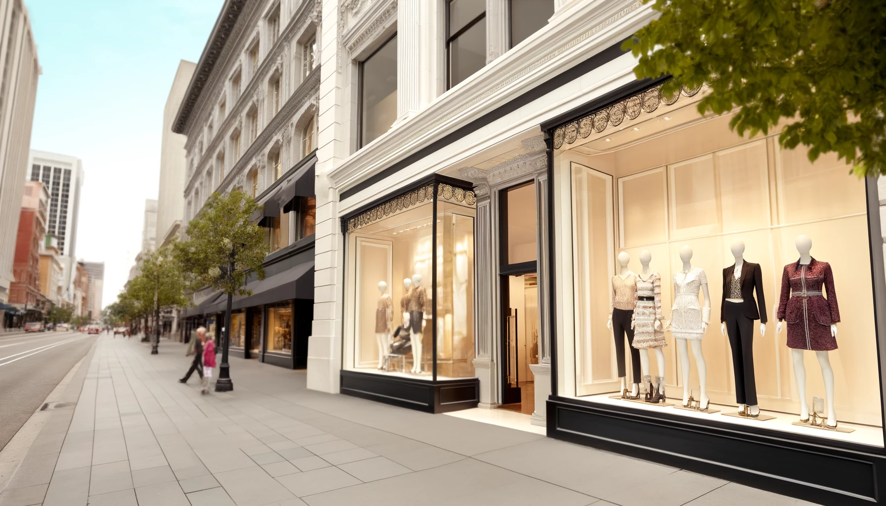 A high-end fashion boutique on a bustling American high street, designed to capture the essence of upscale retail in an urban setting