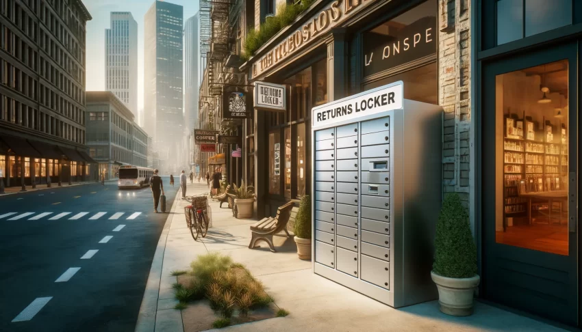 A returns locker, realistically placed in a bustling urban street scene.