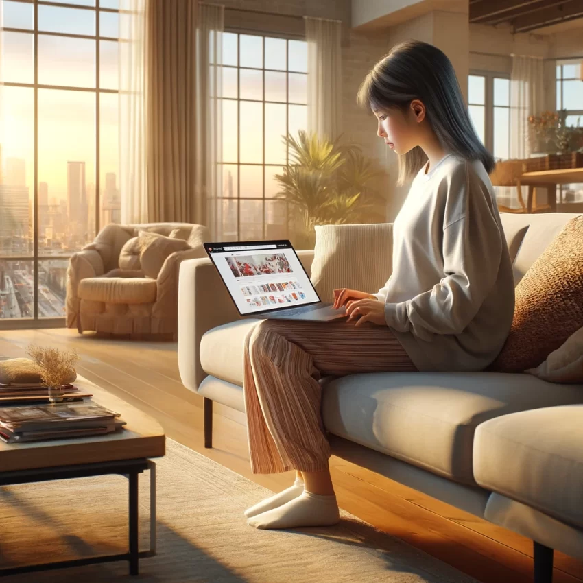 A young Asian woman shopping online in her living room.