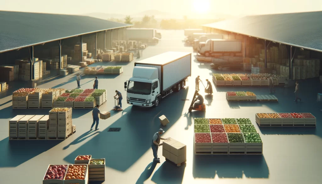 Perishable fruits being loaded onto a delivery truck