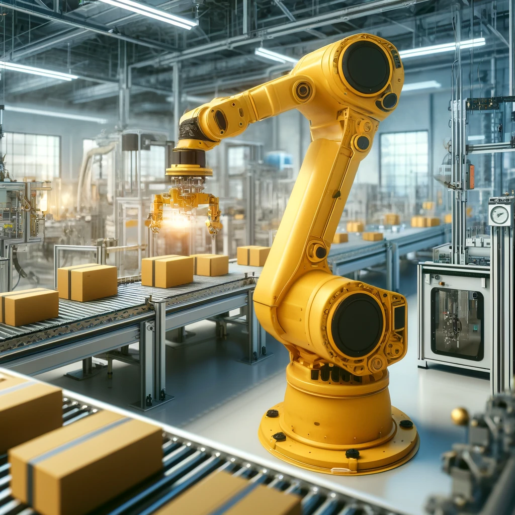 A yellow robot arm assembling packages in a factory