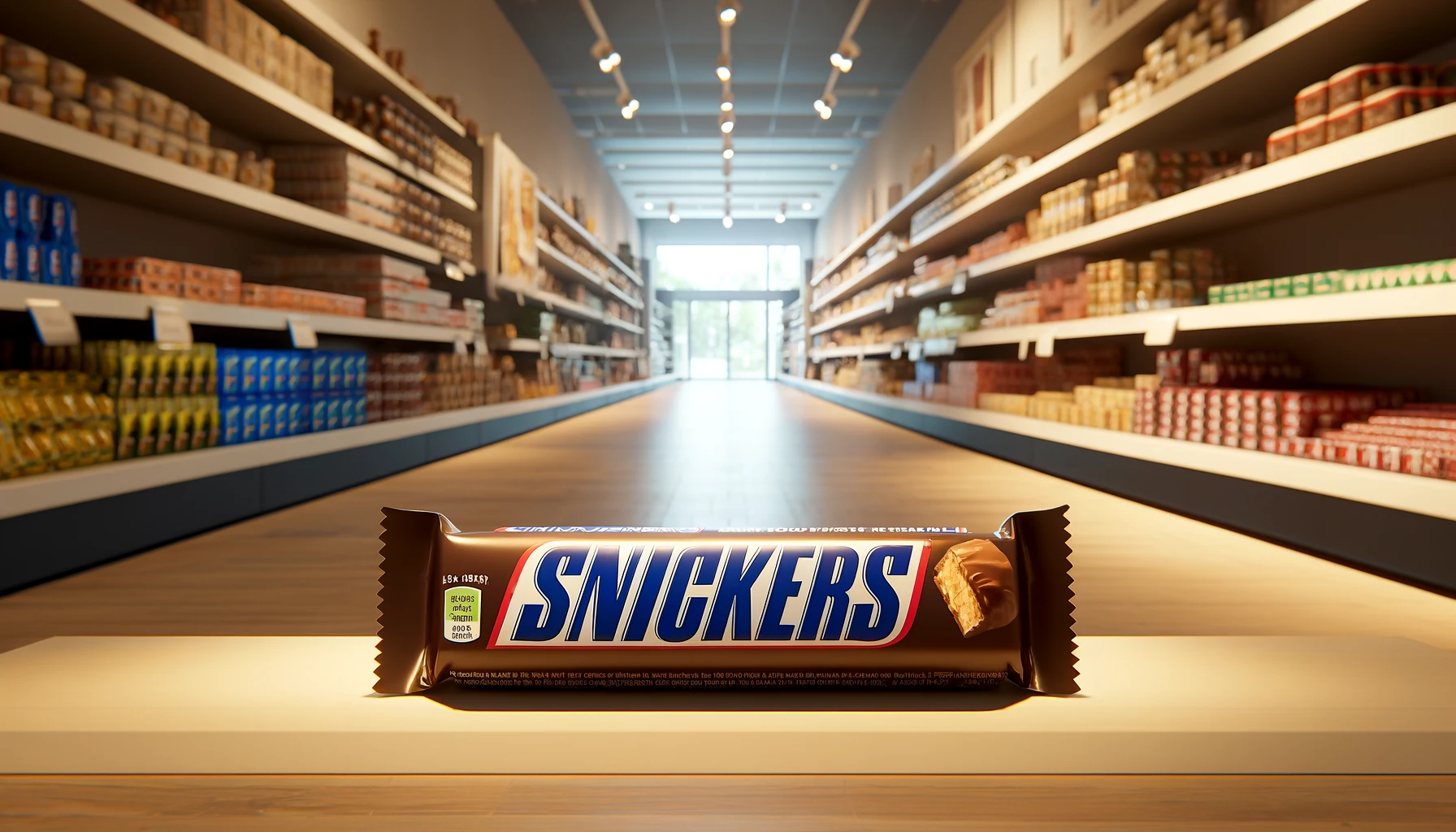 A single snickers bar sitting in a big chain store.