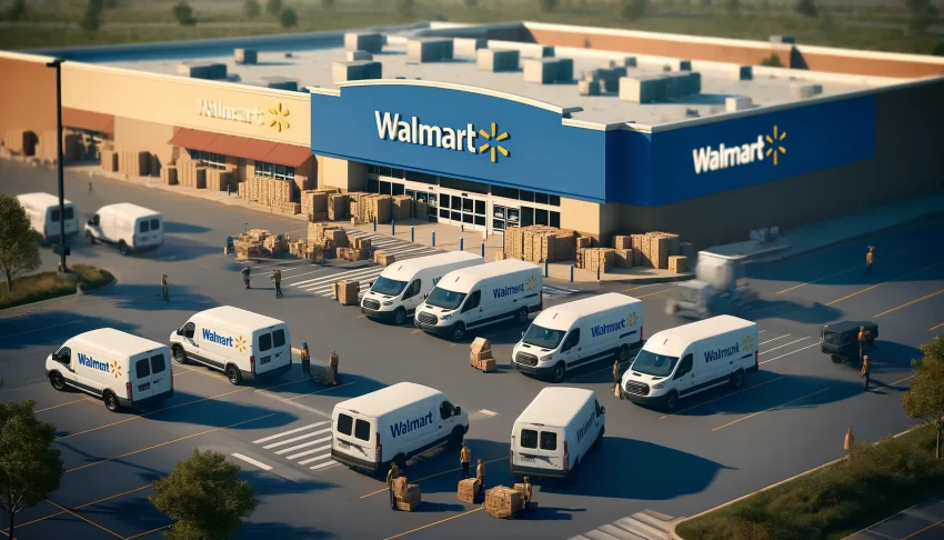 a wal-mart parking lot with lots of vans preparing for deliveries and returns