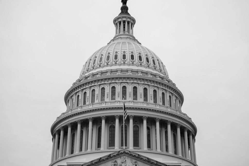 Partial view of the whitehouse in black and white.