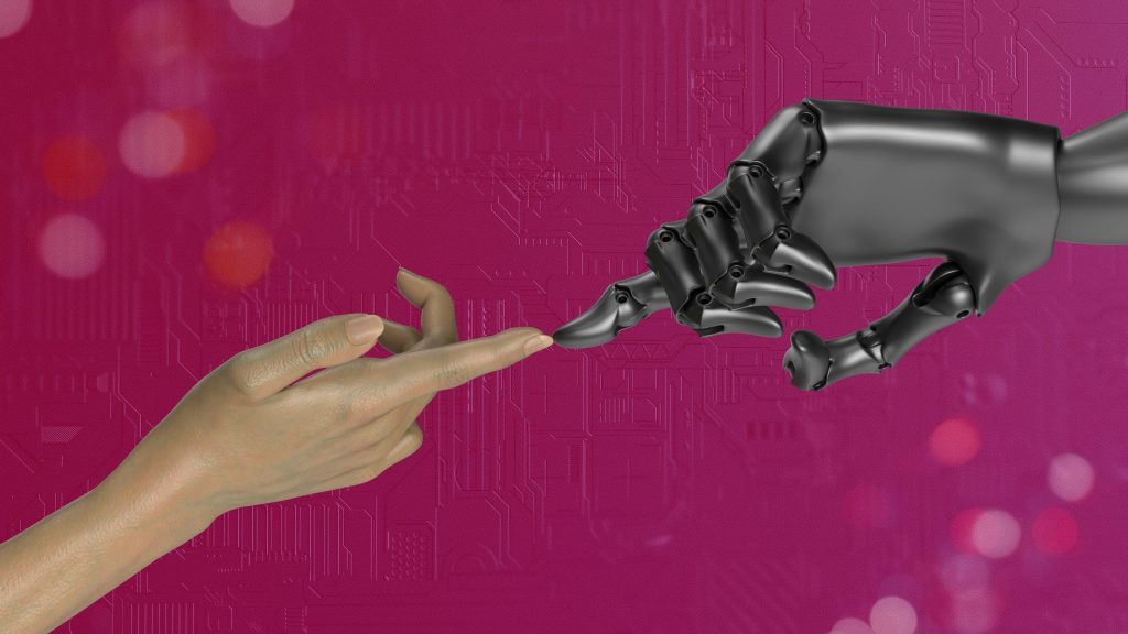 A human hand with finger touching a robot finger on other side of image.
