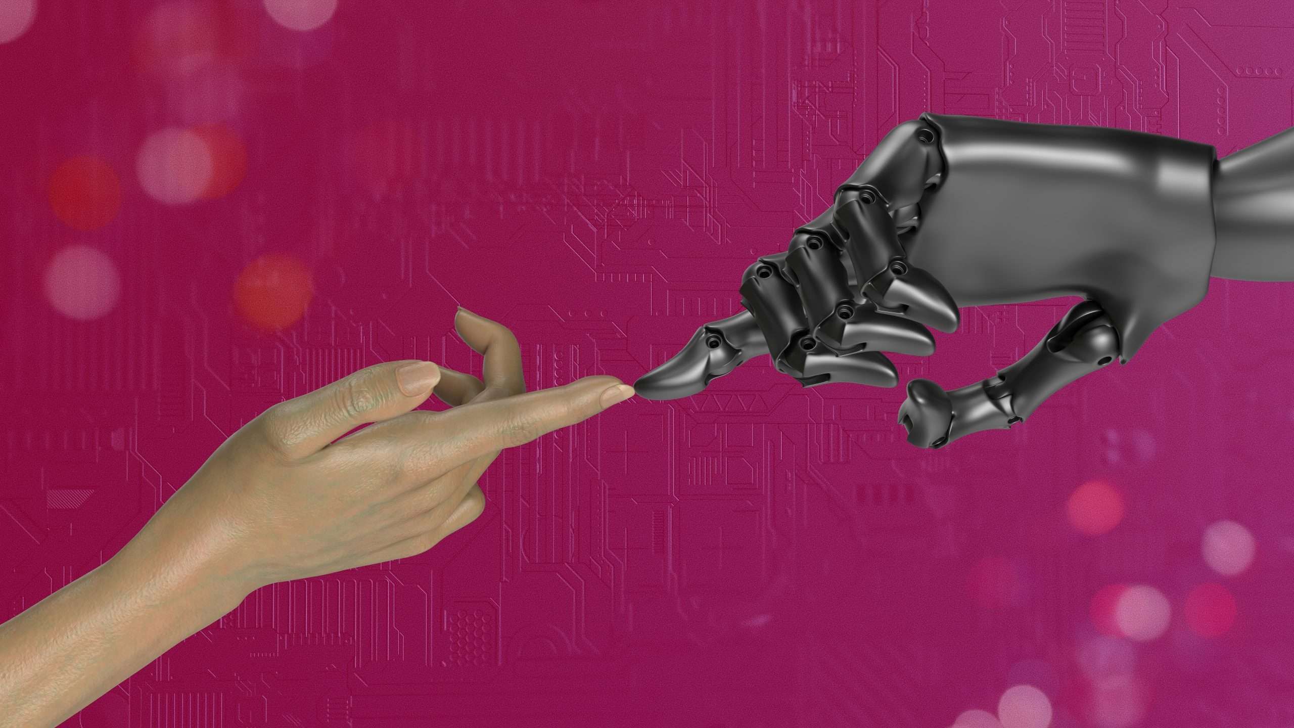 A human hand with finger touching a robot finger on other side of image.