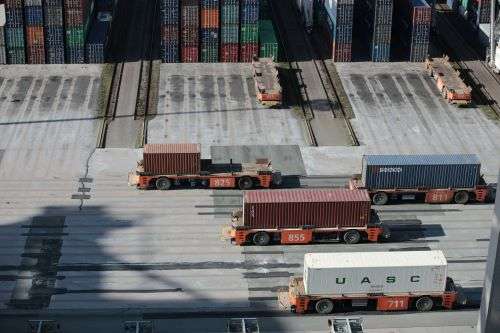 A shipping yard preparing containers for despatch.