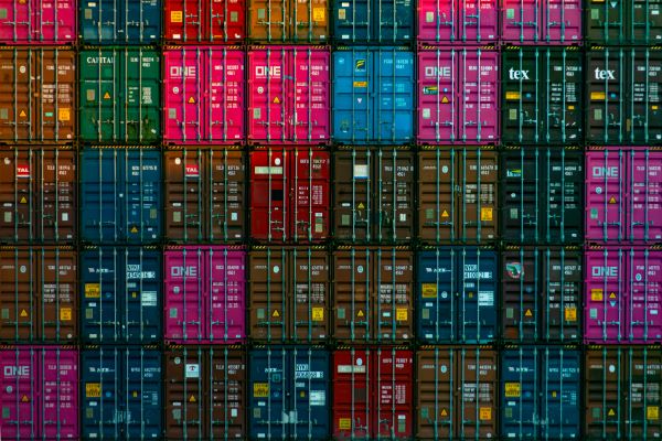 A full frame of stacks of shipping containers in a shipyard.