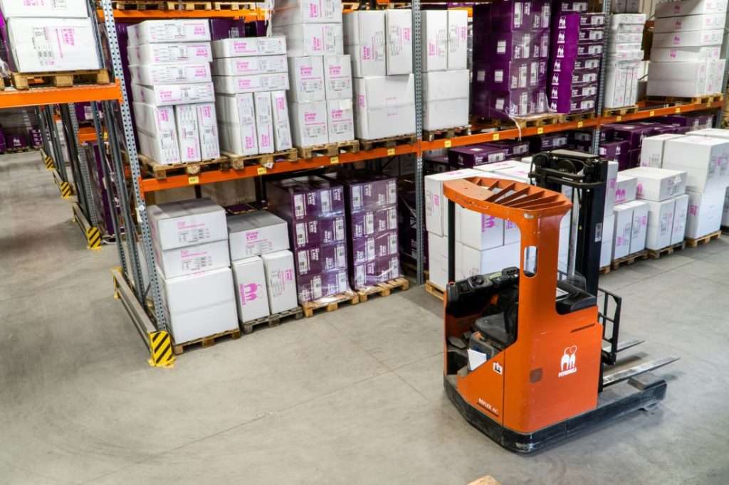 Inventory stacked in a warehouse.