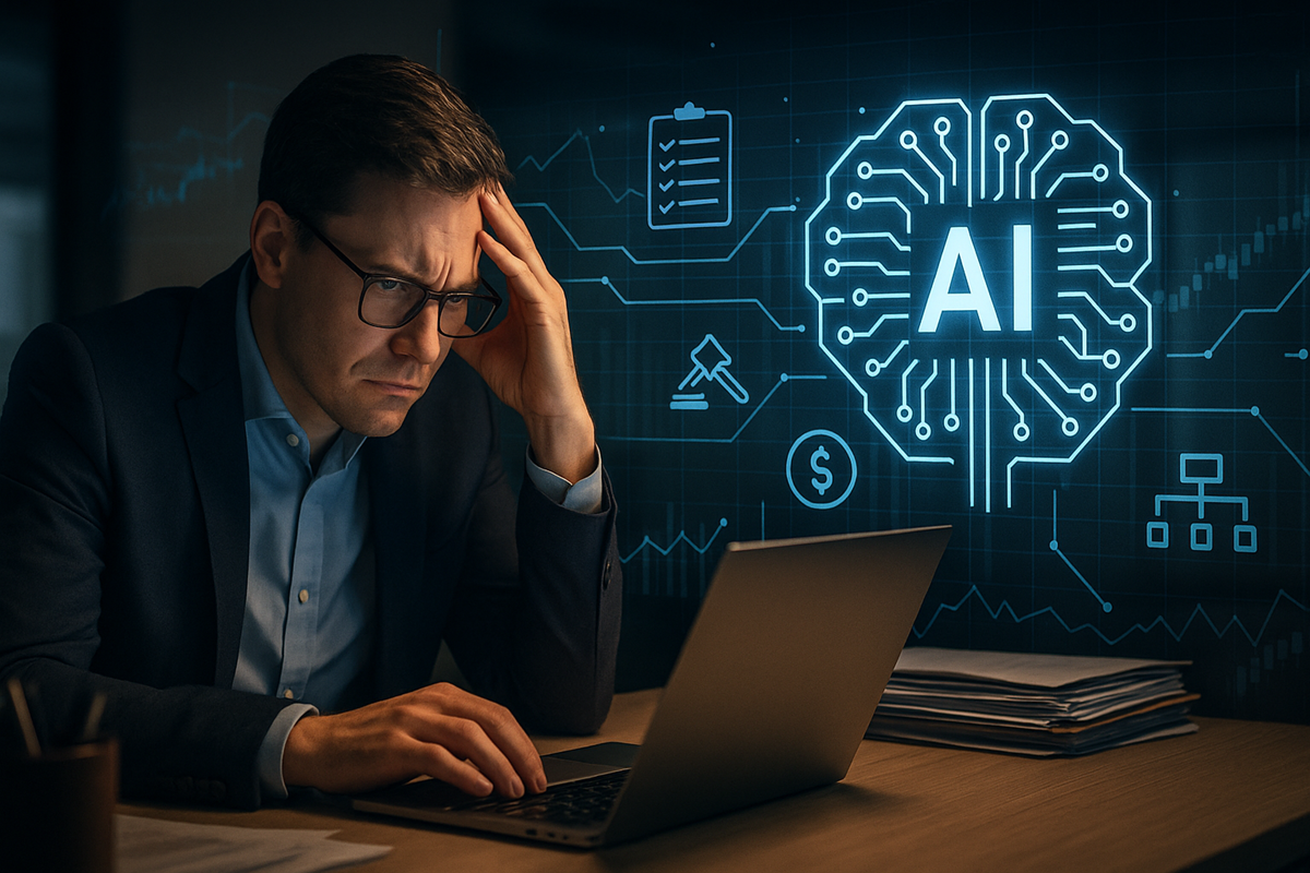 A procurement professional looks overwhelmed at his desk, surrounded by digital AI icons, symbolizing the rising complexity of sourcing generative AI tools.